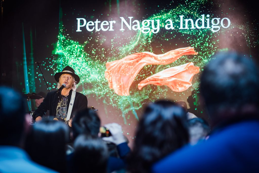 Publikum sleduje vystúpenie Peter Nagy a Indigo pred obrazovkou s názvom kapely